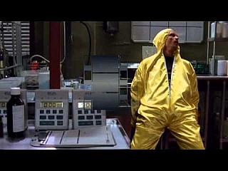 Jesse waiting walter in lab ( inflating lab suit)