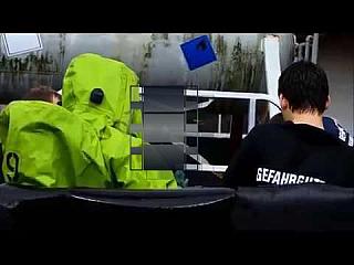 Green Hazmat Level A Auer Suits Duo in Cold Water Challenge