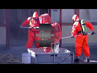 Hazmat Suits & Orange Level B Chemical Protection in Training inc nice Decon