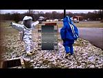 Firefighters mucking around in Blue and Silver Hazmat Suits