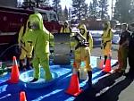 Evan getting decon in hazmat suit
